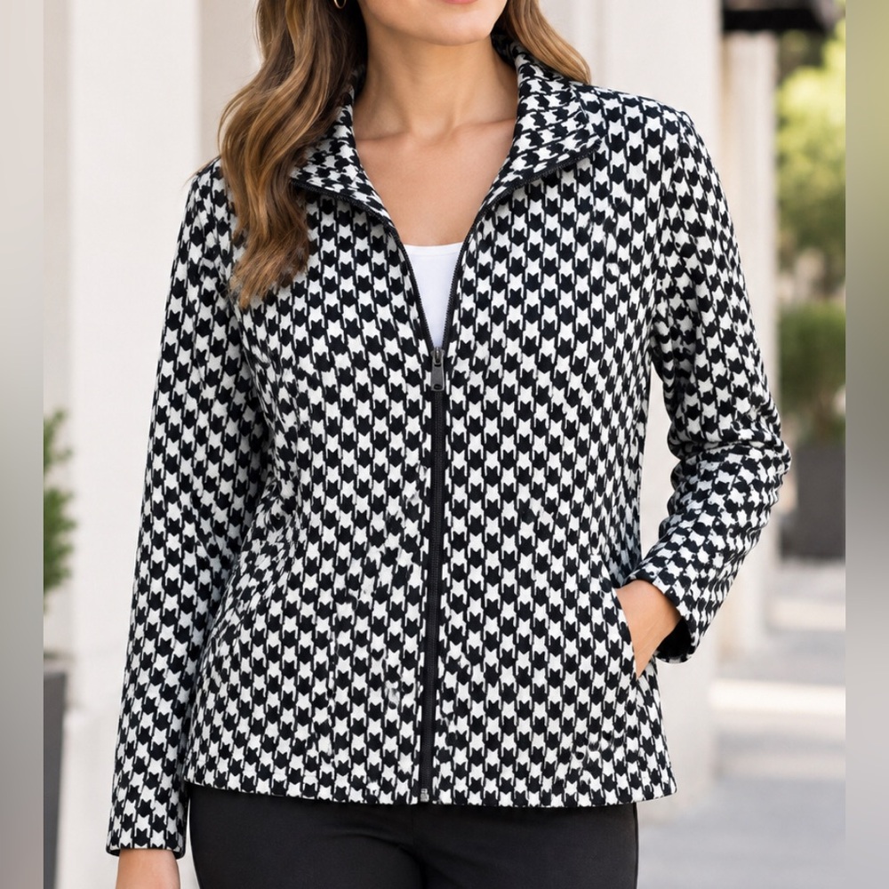 NWT Kim Royers Black & White Velvet Houndstooth Zip-Front Women's Jacket L